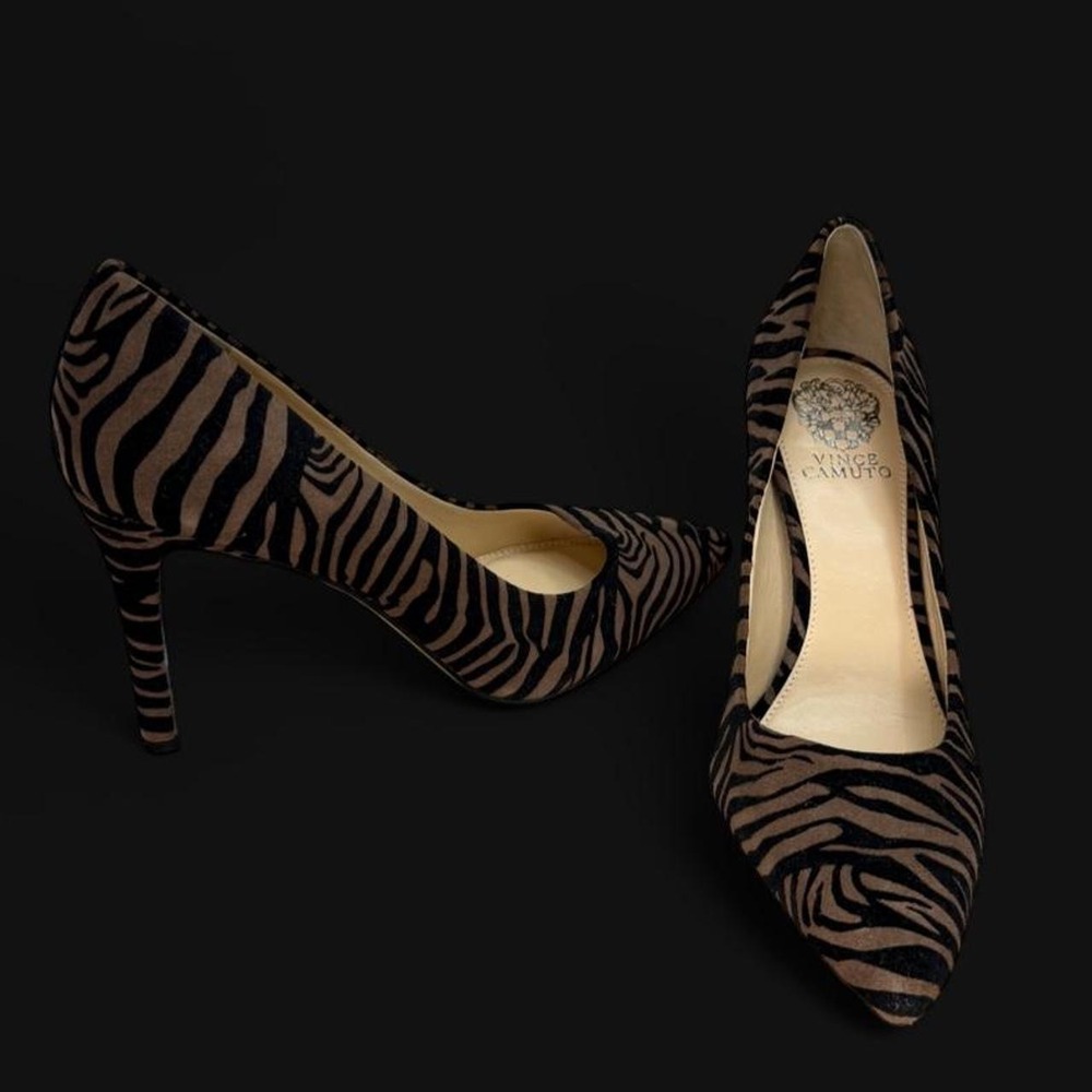 Vince Camuto Brown Black Tiger Stripe Suede Pointed Toe Stiletto Heels 9M